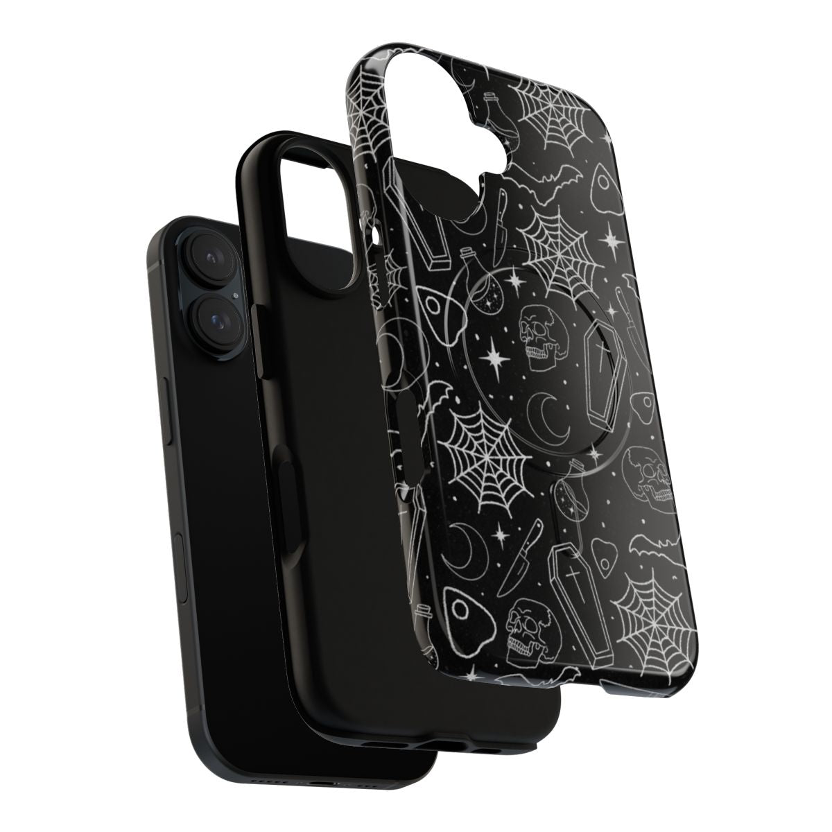 Spooky season magnetic tough phone cases featuring skulls, coffins, bats, and other Halloween and gothic design elements - Layers