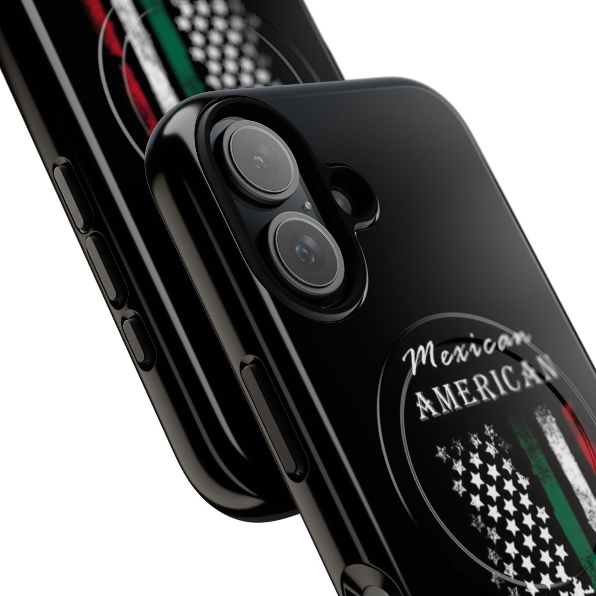 Vintage-inspired phone case featuring a design of the Mexican flag and American flag, celebrating Mexican-American heritage. - Detail