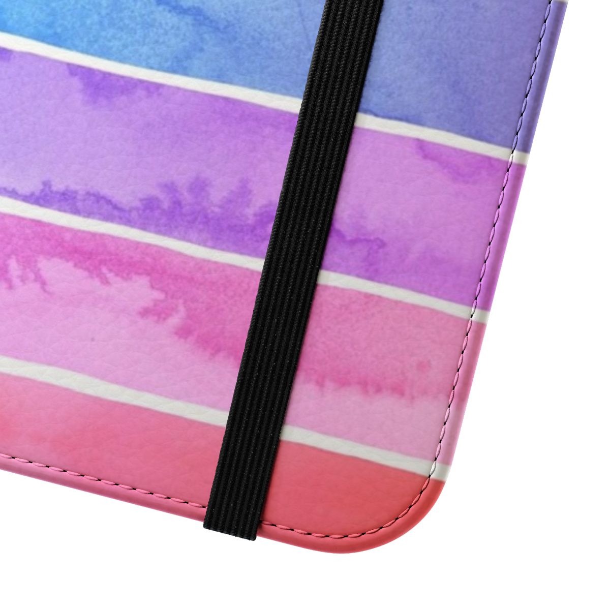 Colorful watercolor-style rainbow stripes on a flip phone case - Close Up