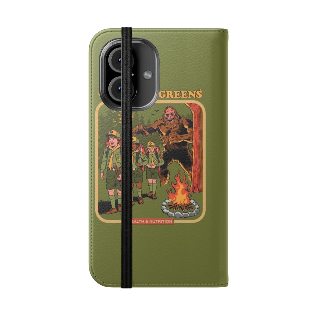 Flip phone case featuring a vintage Bigfoot camping scene with nature elements. - Folded Front