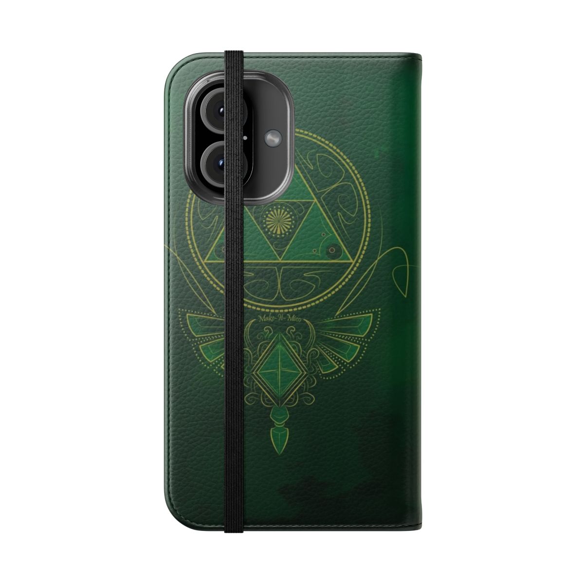 Green Courage inspired fantasy phone case with Japanese symbols and dragon design - Folded Front