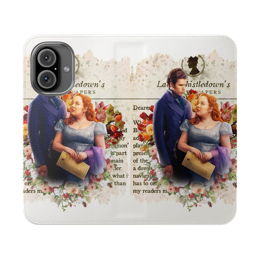 Bridgerton-themed flip cover phone case featuring characters Colin Bridgerton and Penelope Featherington