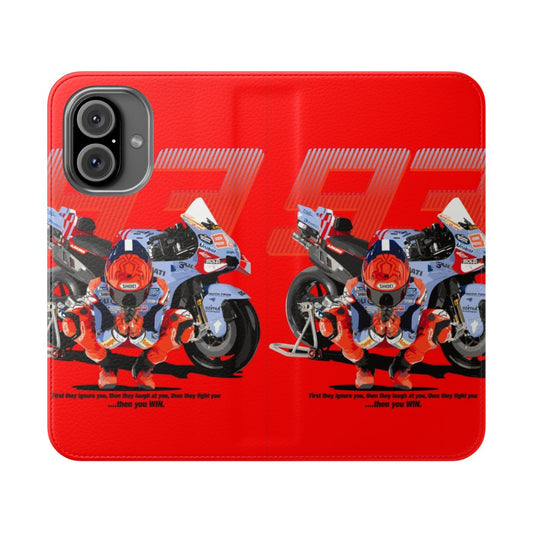 Motorcycle racing inspired flip cover phone case with a stylish design