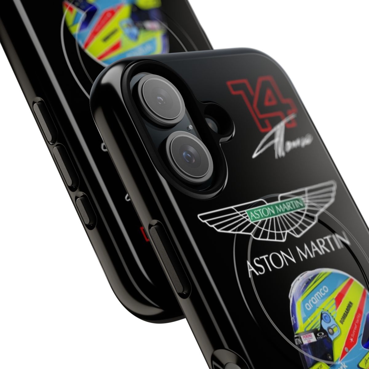 Magnetic tough phone case featuring Fernando Alonso and the Aston Martin F1 Team logo - Detail