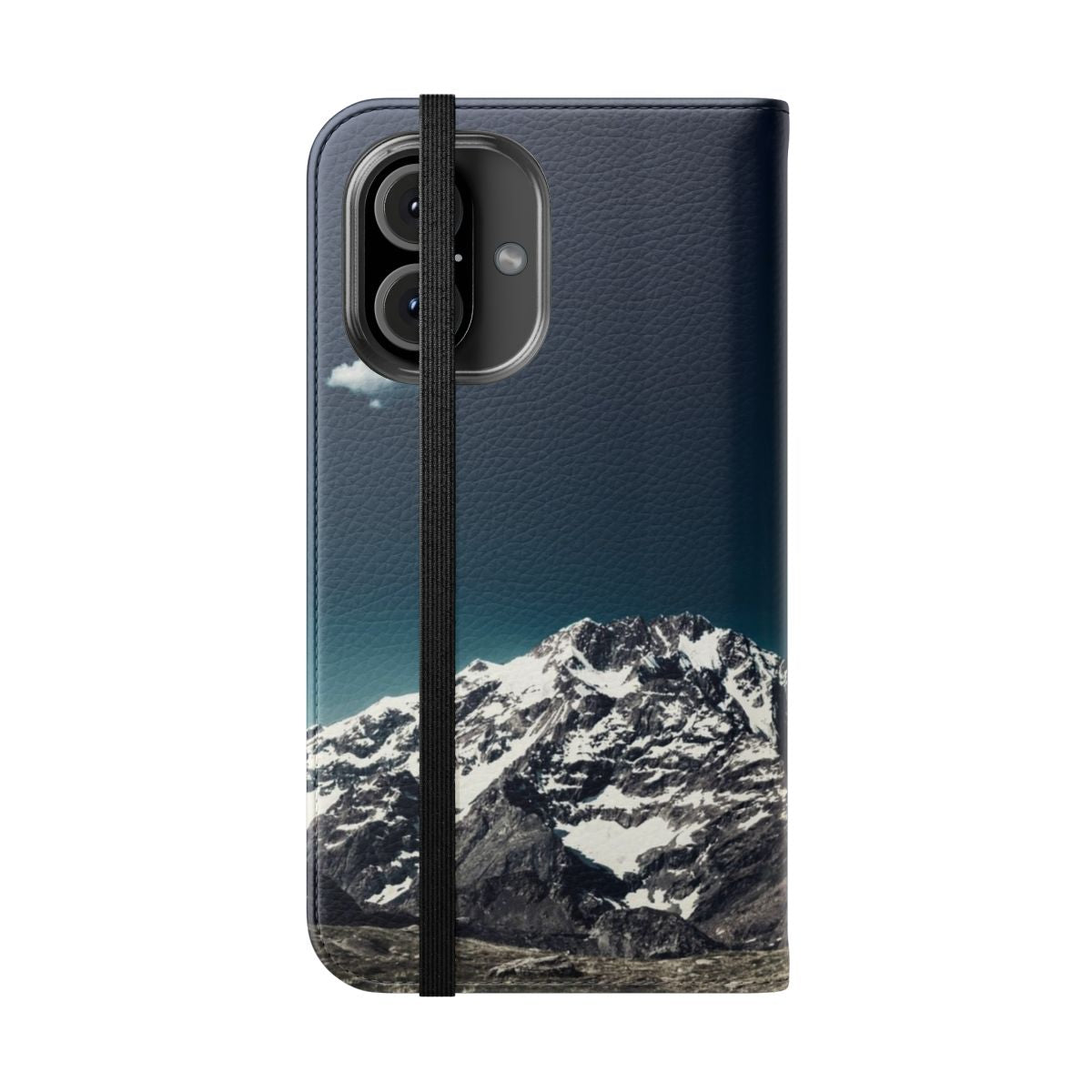 Mountain landscape flip cover phone case with snow-capped peaks, clouds, and rocky terrain - Folded Front