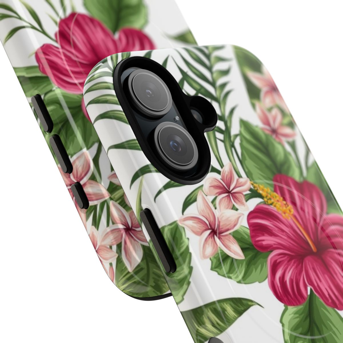 Tropical flowers phone case with floral, leaf, and palm designs - Detail