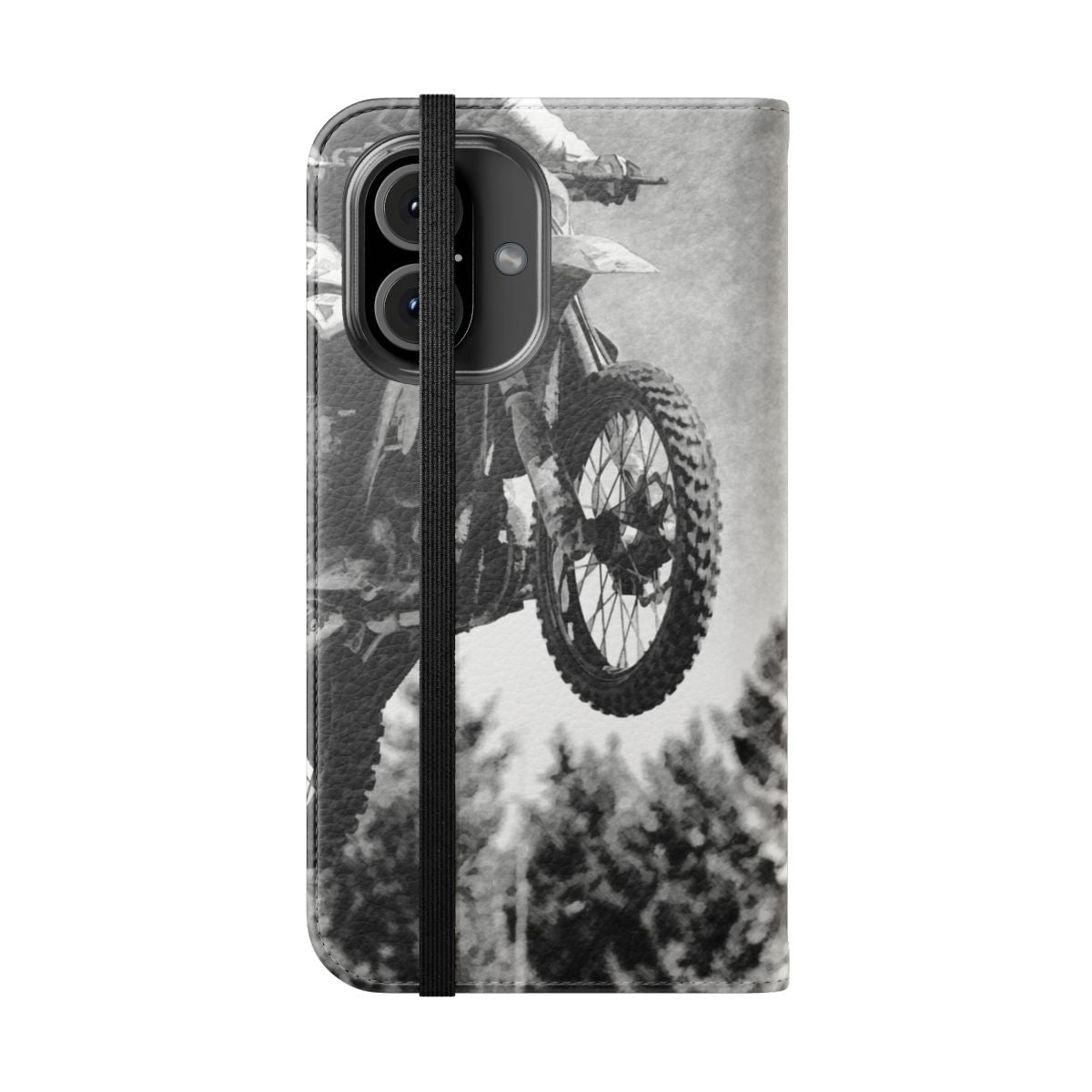 Motocross racer riding a dirt bike on a racetrack with the Motocross Racer Flip Cover Phone Case - Folded Front