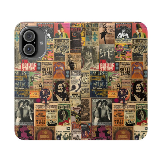 Retro music-themed flip cover phone case with psychedelic collage design