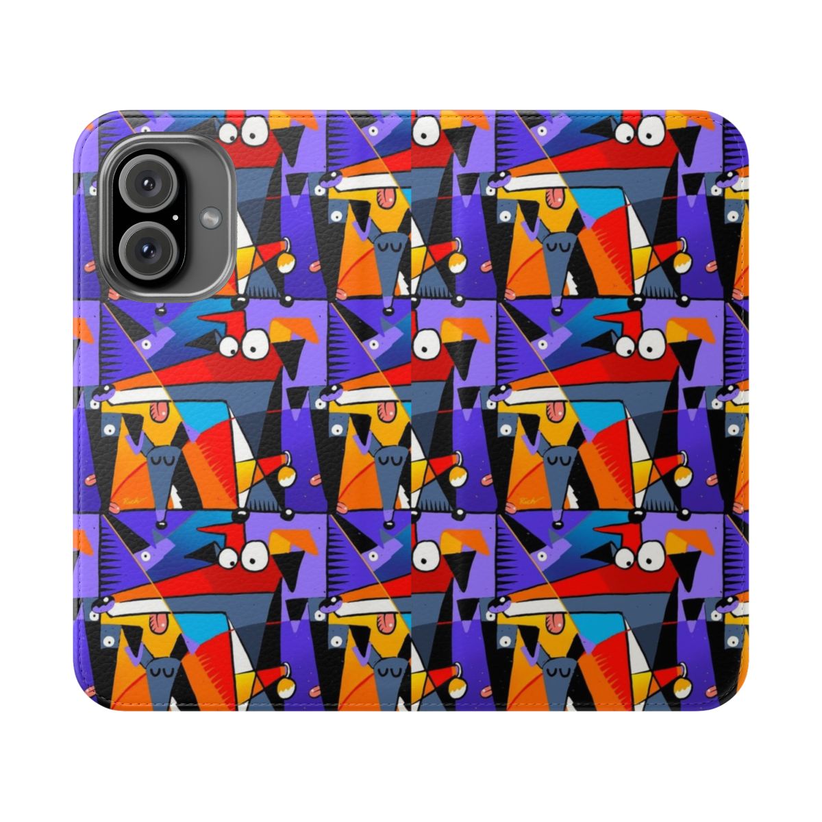 Derpism themed flip cover phone case featuring a cartoon design of a greyhound, lurcher, or whippet dog