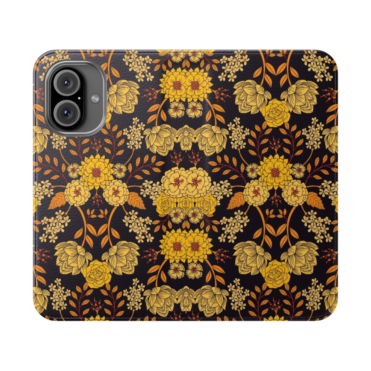 Vibrant floral pattern phone case in shades of yellow, orange, and navy blue