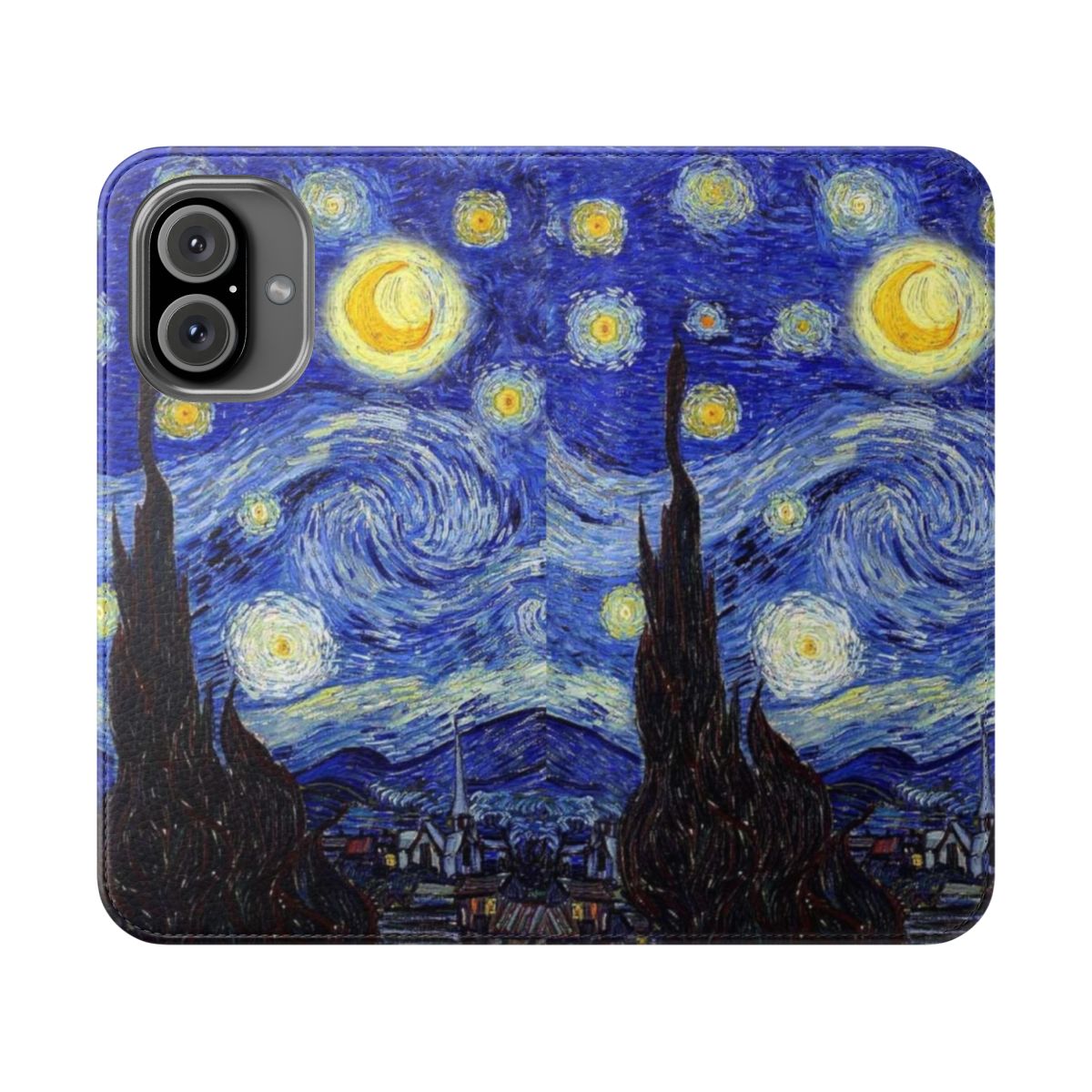 Flip cover phone case featuring a design inspired by Van Gogh's "The Starry Night" painting.