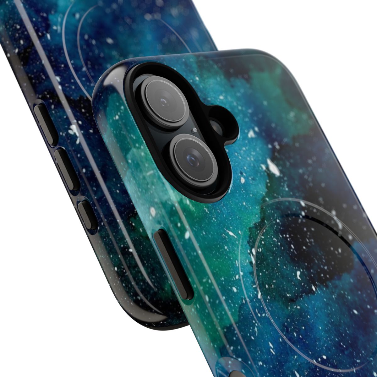 Emerald Cosmic Galaxy Phone Case with a vibrant, natural design featuring stars, planets, and a watercolor-inspired aesthetic. - Detail