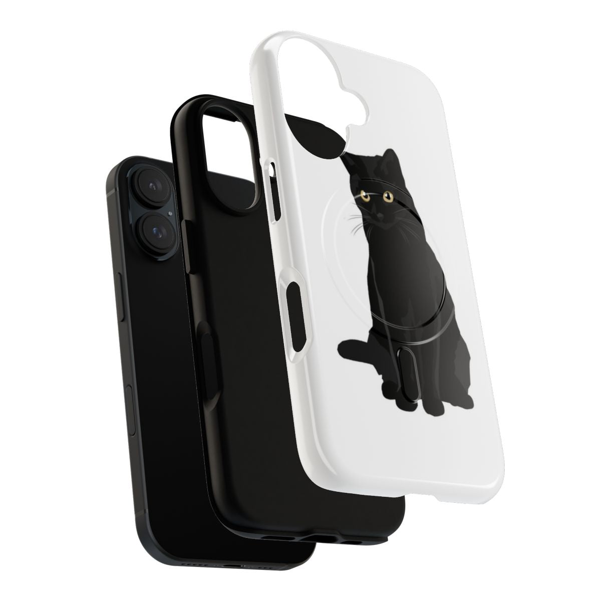 A sleek and protective black cat-themed phone case with a magnetic closure. - Layers