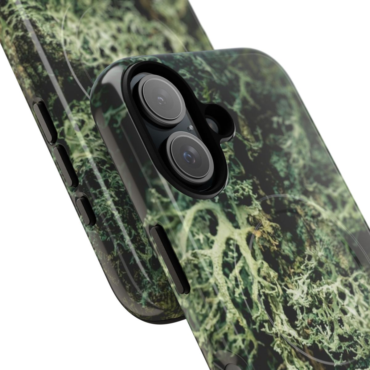 Earthy green moss and fungi phone case with a wooded forest landscape design. - Detail