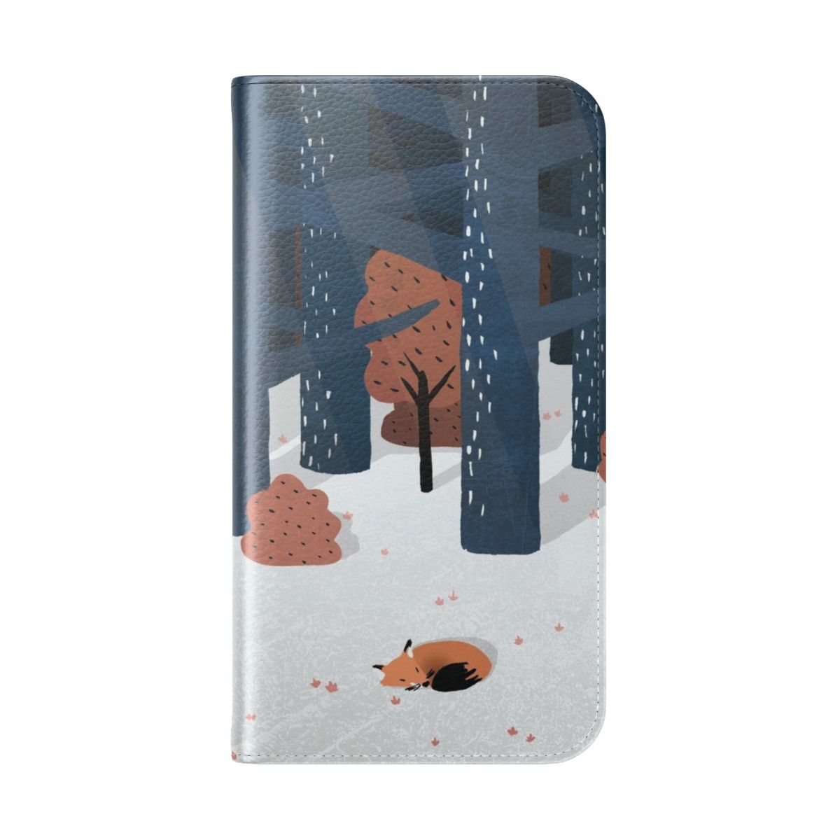 A phone case featuring a cozy winter forest scene with a fox, trees, and snow. - Folded Back