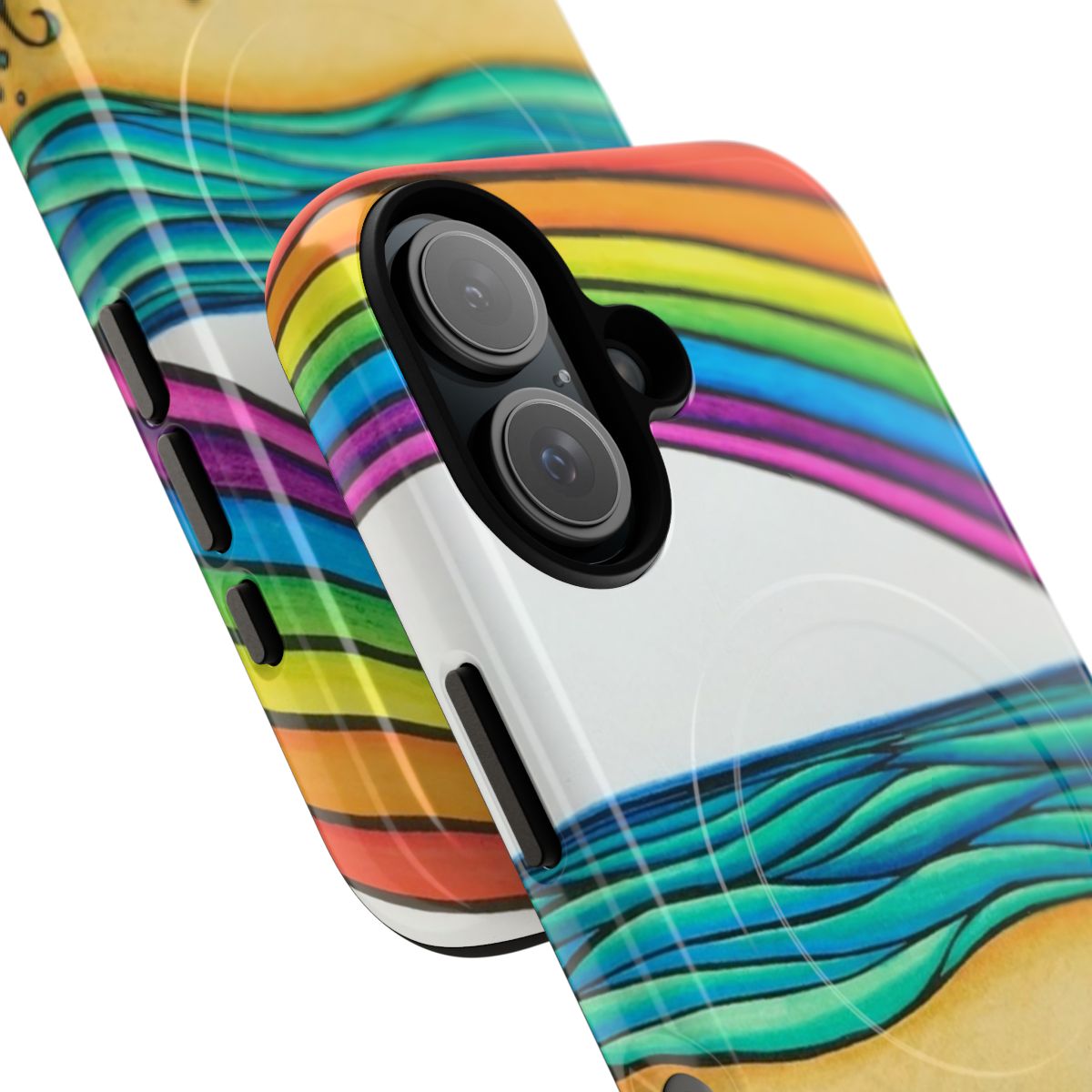 Vibrant tropical Hawaii-inspired magnetic tough phone case with ocean, rainbows, and floral designs. - Detail