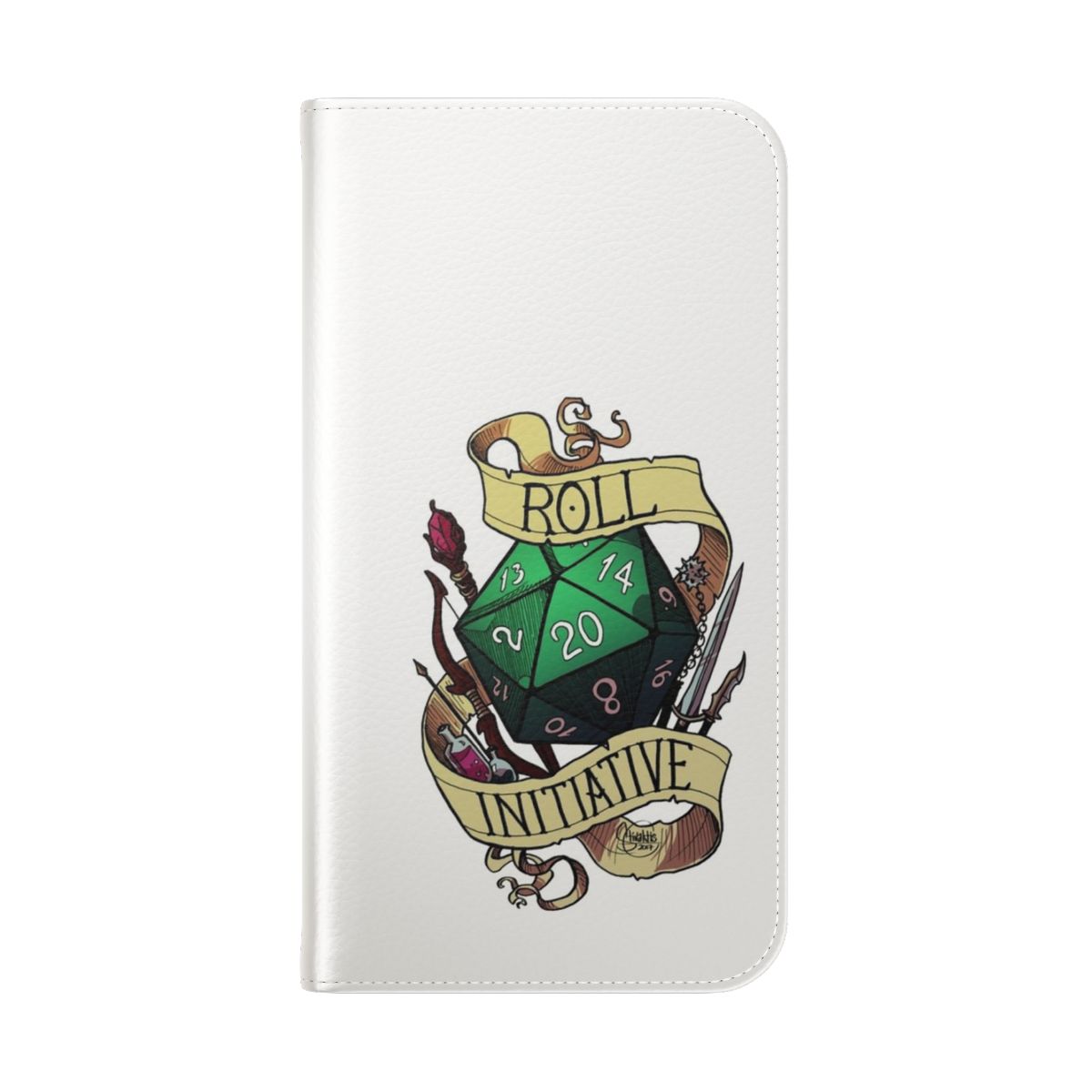 Flip cover phone case with a tabletop gaming-inspired design featuring a 20-sided die. - Folded Back