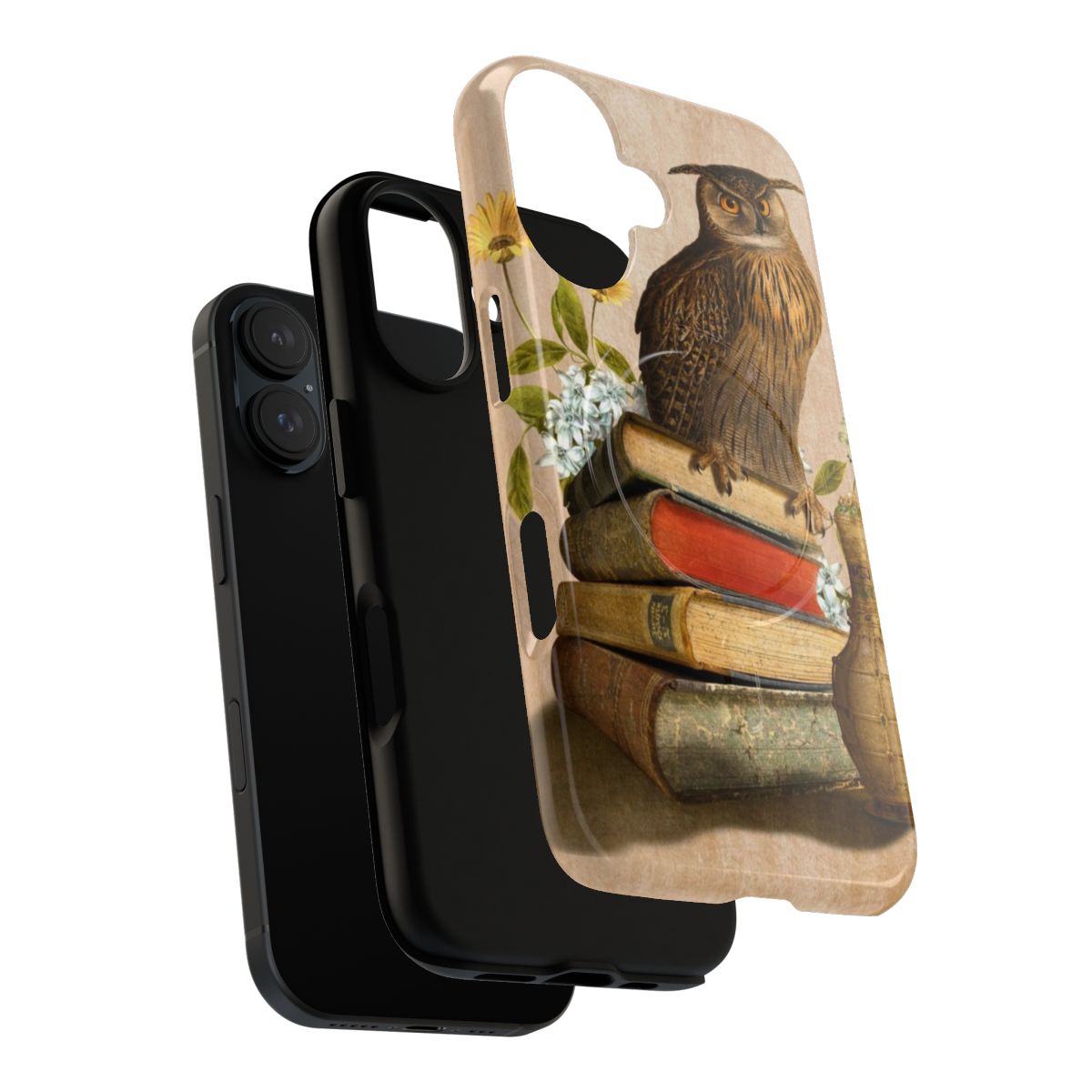 Artistic magnetic owl phone case with a fantasy, collage-like design - Layers