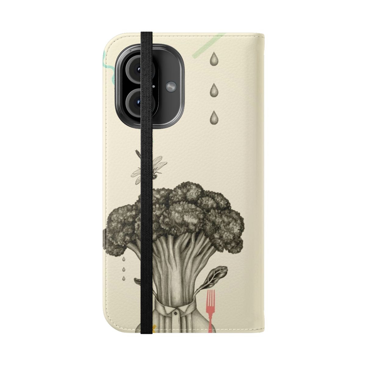 Broccoli-themed flip phone case with fork, dragonfly, portrait, and pencil design - Folded Front