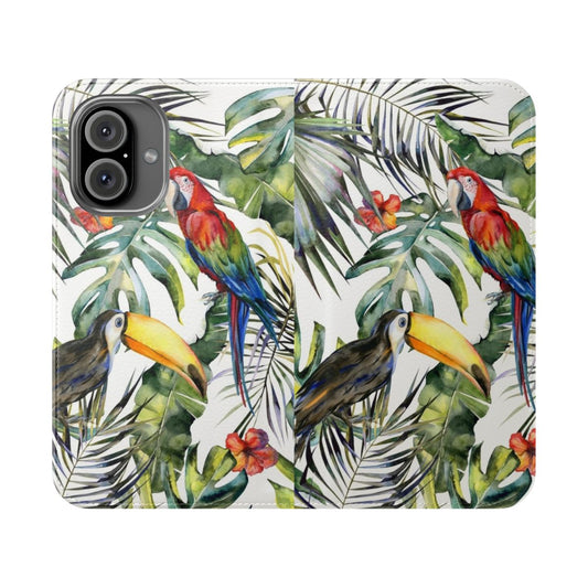 Tropical jungle watercolor phone case with birds, leaves, and flowers