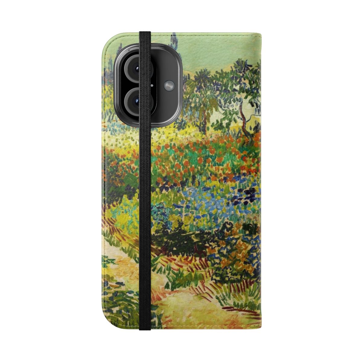 Vibrant phone case featuring the iconic "Garden at Arles" painting by renowned impressionist artist Vincent Van Gogh - Folded Front