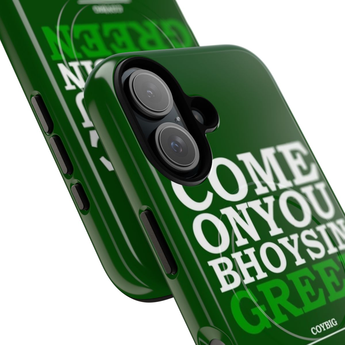 Magnetic Celtic FC themed pillow mask tough phone case with Come on You Boys in Green design - Detail