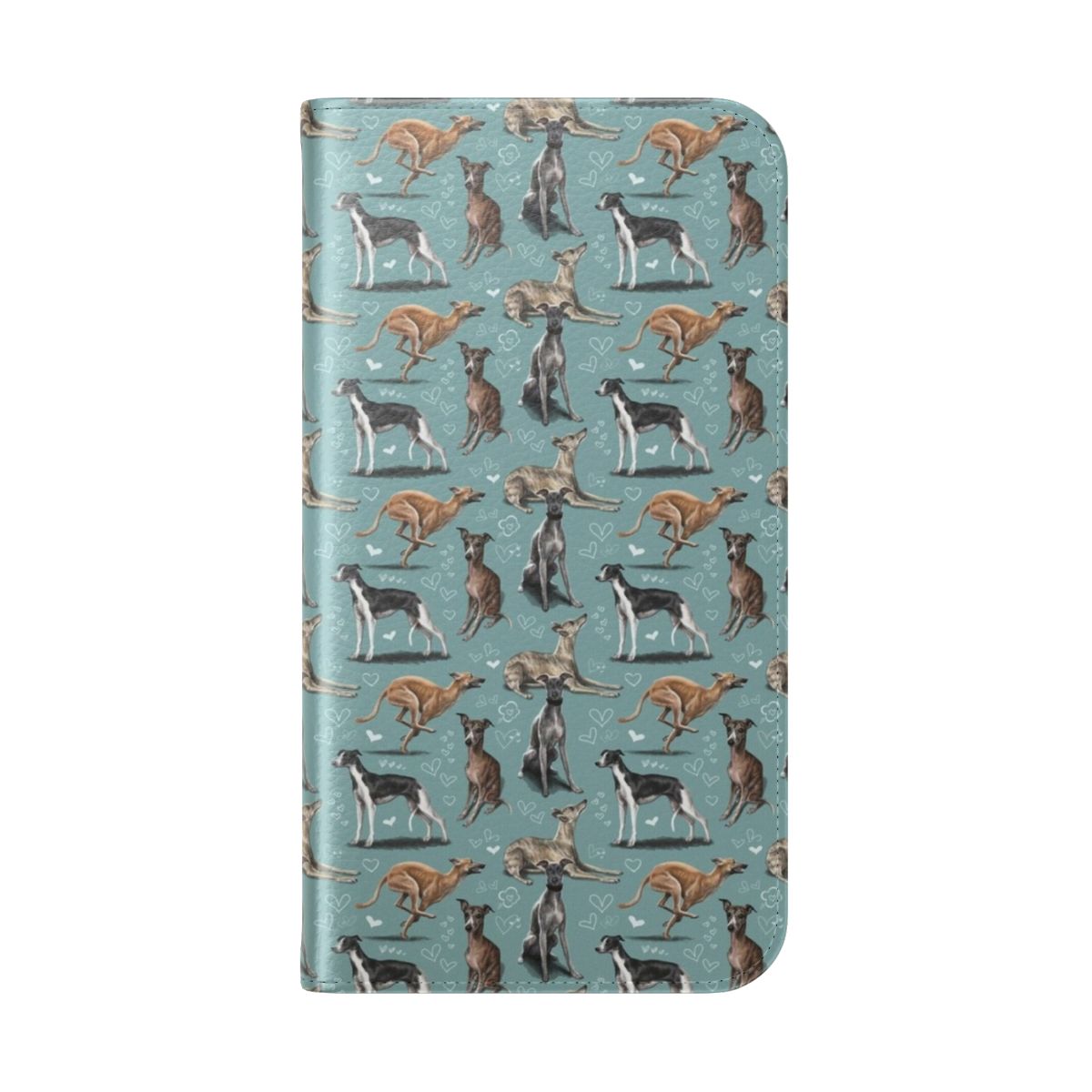 A whippet-printed phone case with a flip cover design. - Folded Back