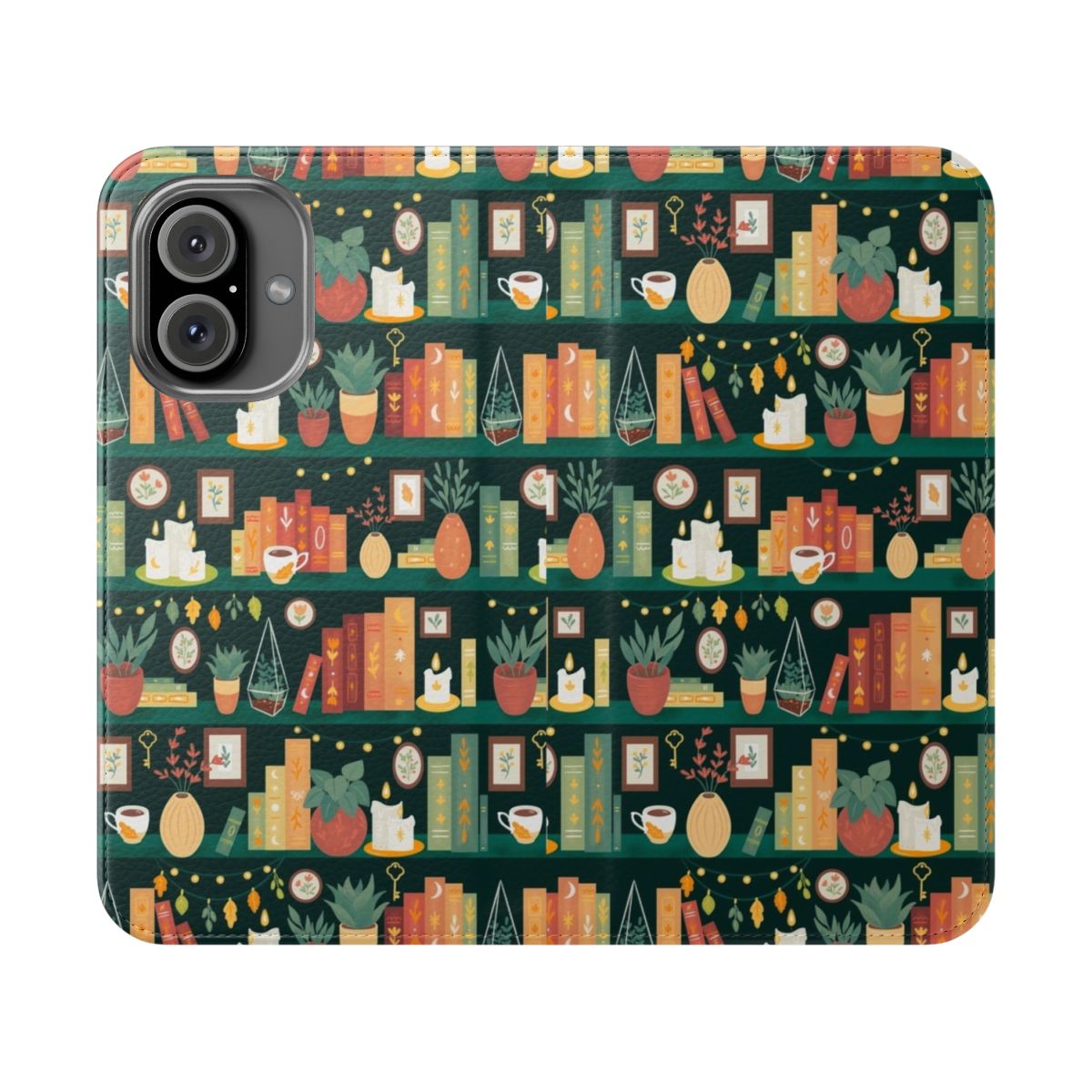 Cozy flip phone case with a nature-inspired book lover design