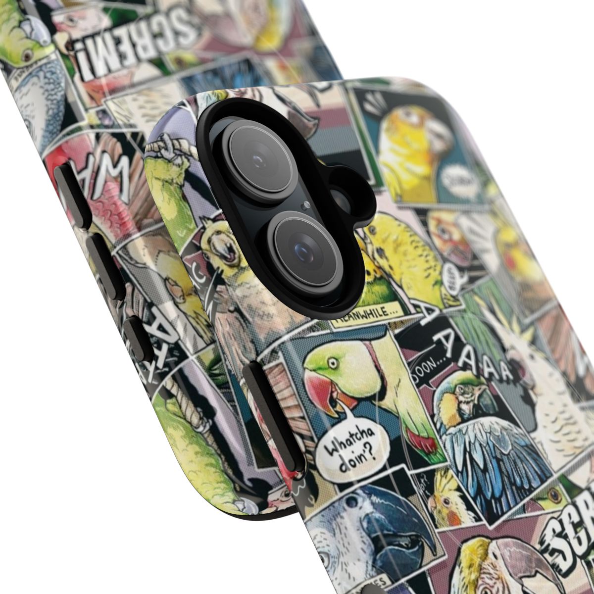 Colorful comic-style illustration of a parrot on a durable phone case - Detail