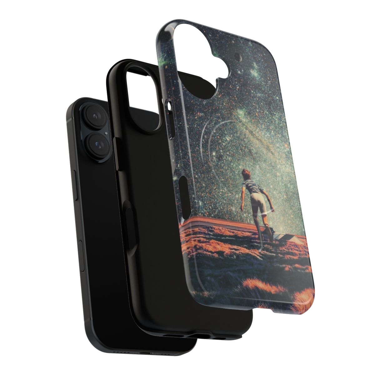 A colorful and nostalgic phone case with a cosmic, space-themed graphic design. - Layers