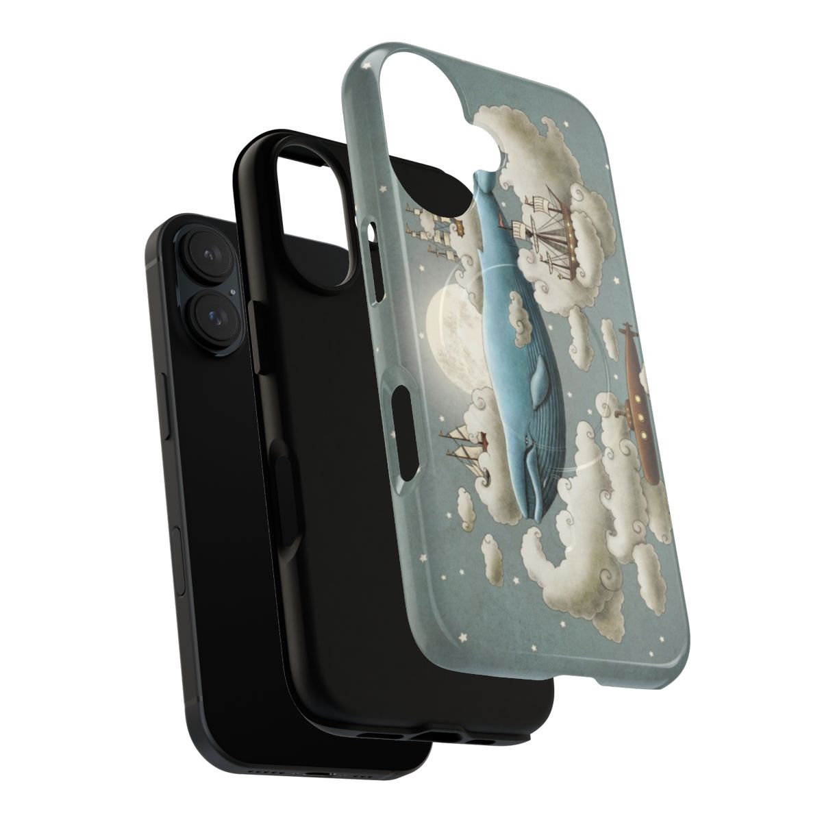 Retro-style phone case with an ocean and sky design featuring whimsical elements like whales, tall ships, and clouds. - Layers