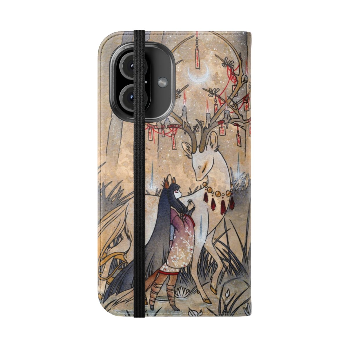 Flip phone case with a watercolor illustration of a tea fox or kitsune, a mythical Japanese spirit creature, surrounded by a crescent moon, forest, and ethereal elements. - Folded Front