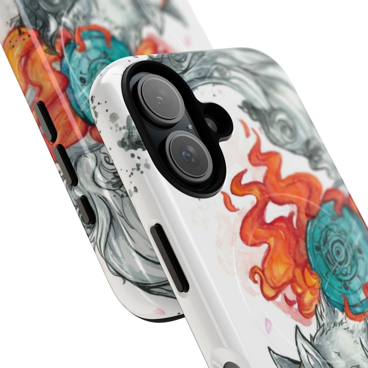 Artistic watercolor phone case featuring the wolf Amaterasu from the Okami video game - Detail