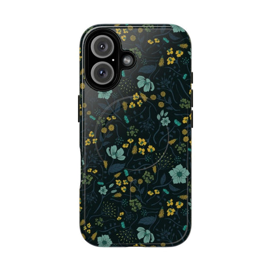 Turquoise, yellow, green, and dark blue floral pattern magnetic tough phone case