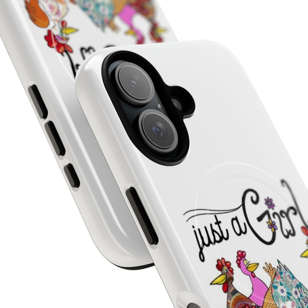 Colorful phone case featuring a "Just a Girl Who Loves Peckers" design with a funny chicken and farm animal theme. - Detail