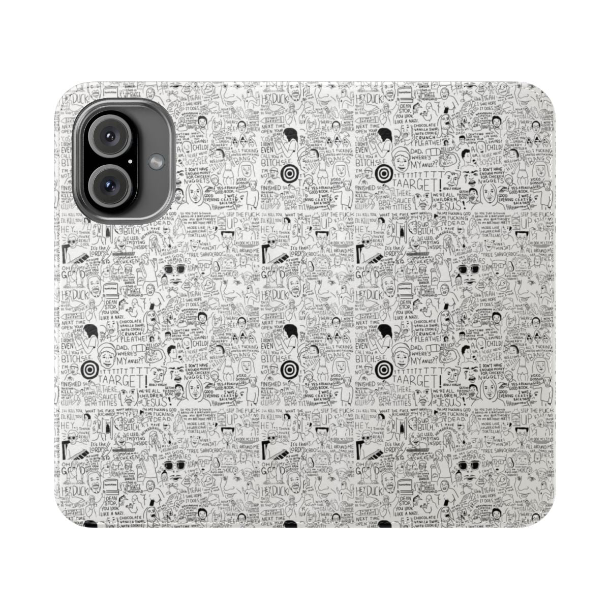 Artfully designed flip phone case featuring a collage of hand-drawn vine meme-inspired imagery