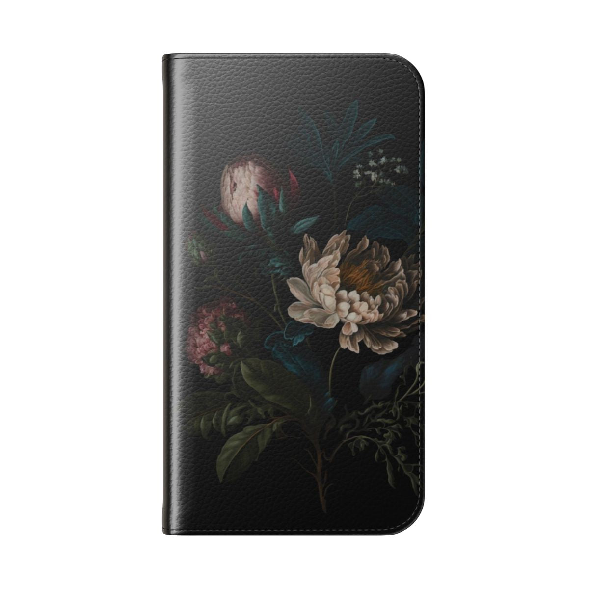 Dark academia style phone case with a peony bouquet and botanical floral pattern - Folded Back