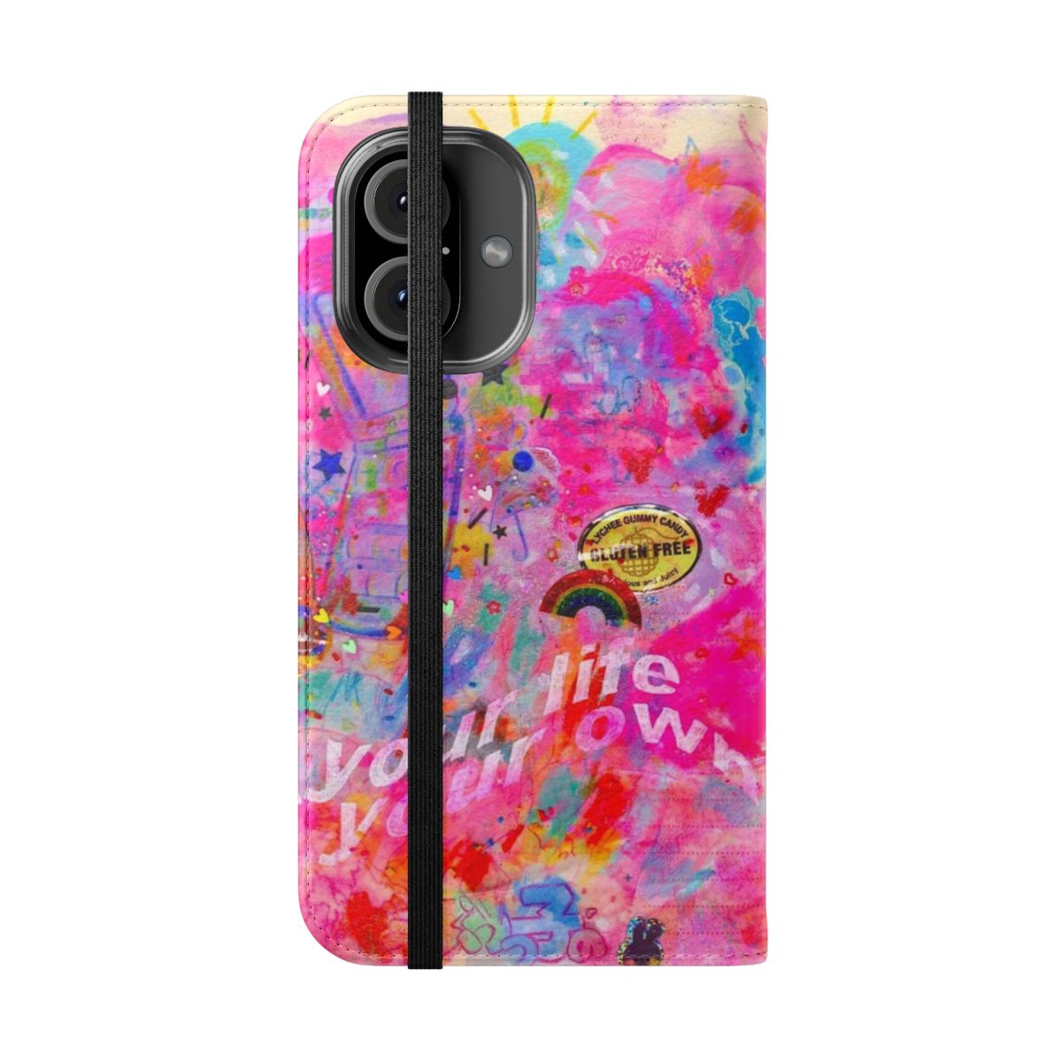 Vibrant and whimsical phone case featuring colorful graphics, text, and a retro-inspired design. - Folded Front