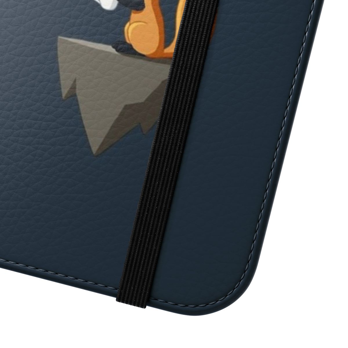 An orange and blue phone case featuring a cute, smiling fox sitting with a cup of tea in a fantastical, anime-inspired design. - Close Up