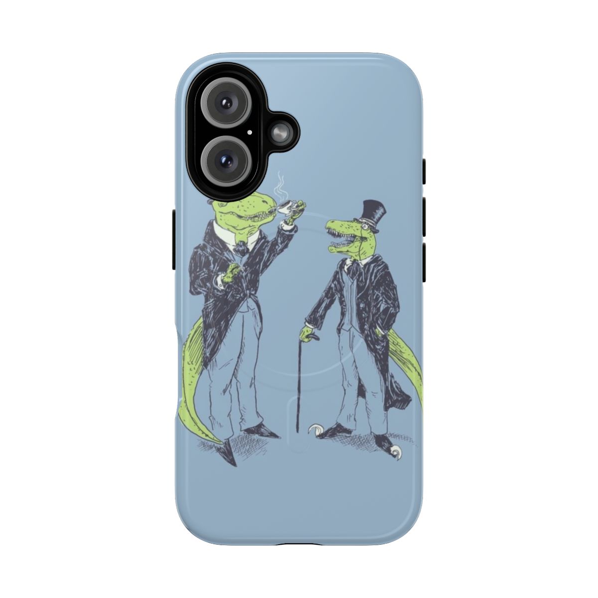 Magnetic tough phone cases featuring illustrations of a Tyrannosaurus Rex and Velociraptor dressed as gentlemen.