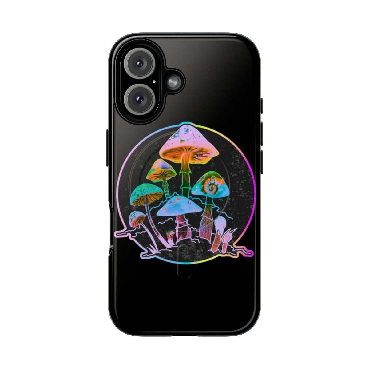 Colorful and trippy phone case with a psychedelic mushroom and fractal design.