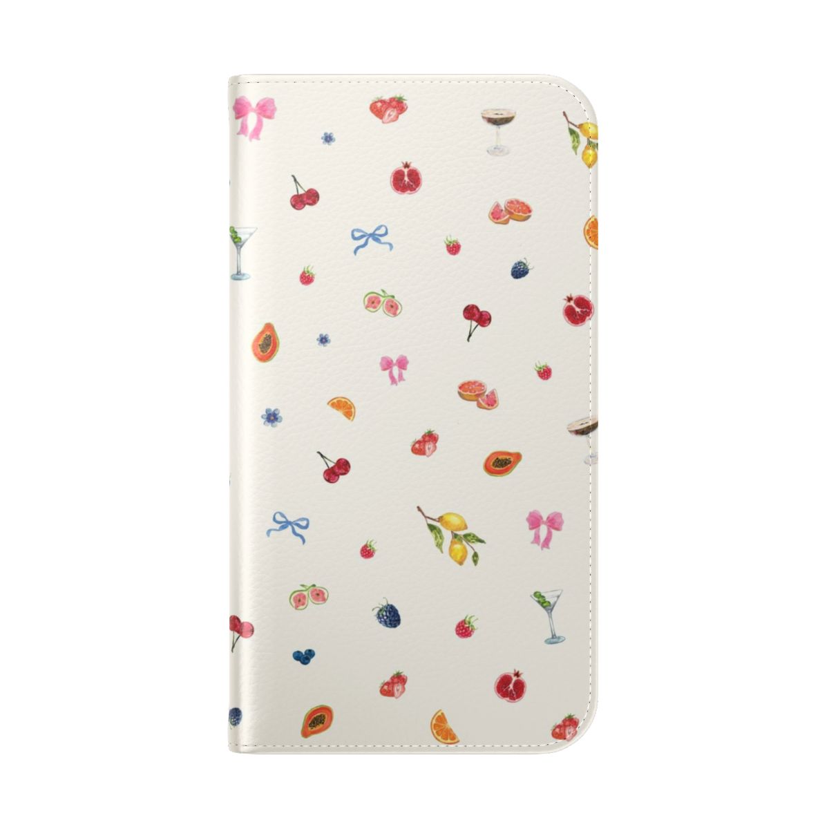 Coquette fruit phone case with a colorful pattern of cherries, cocktails, and bows - Folded Back