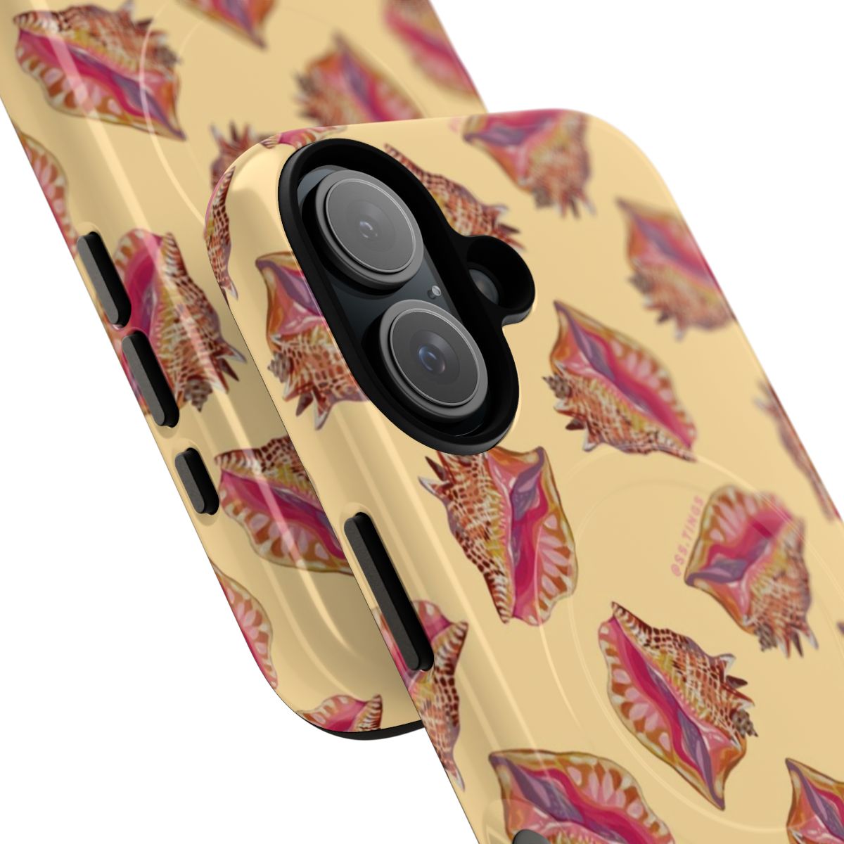 Vibrant yellow phone case featuring a detailed conch shell design, perfect for beach-inspired style. - Detail