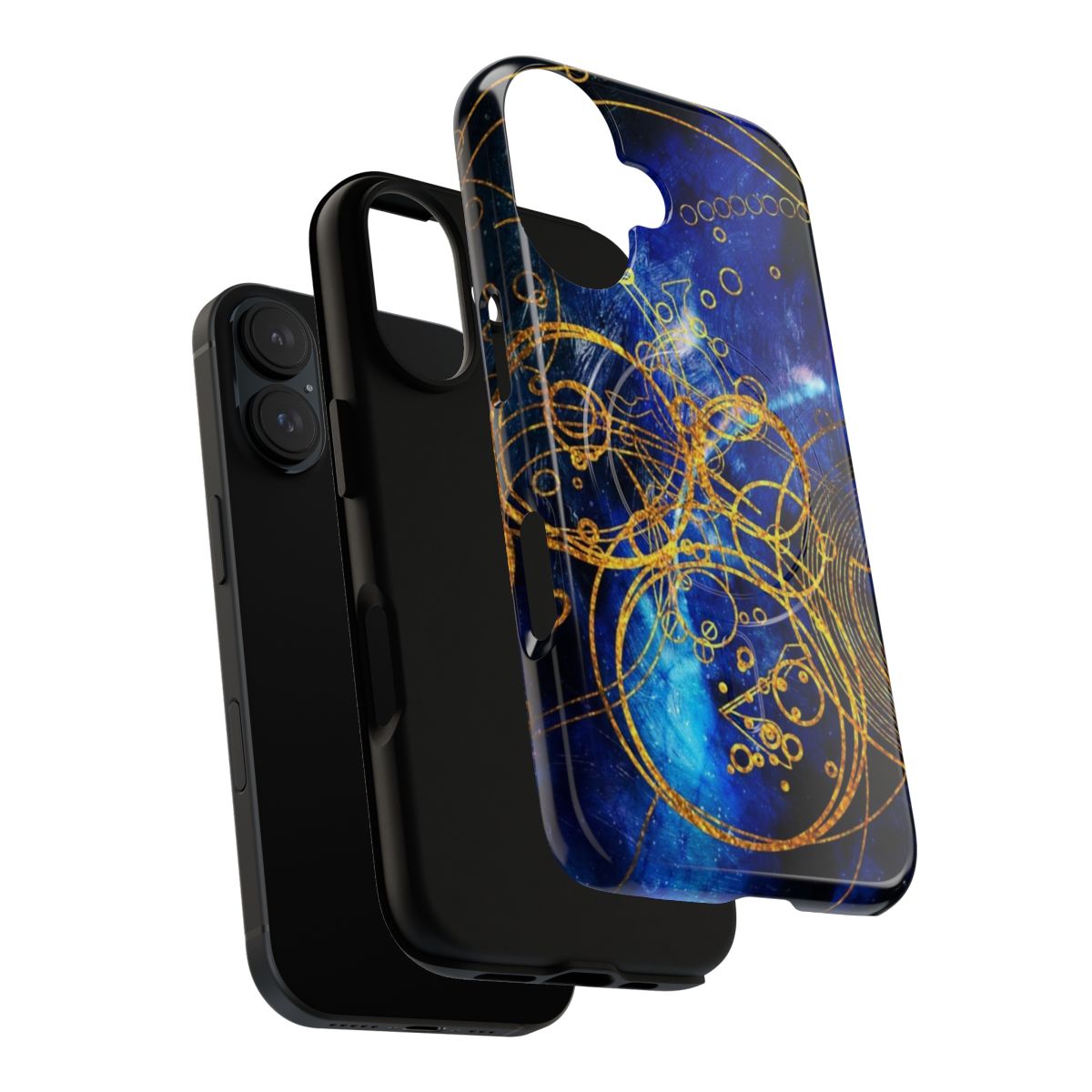 Steampunk-inspired phone case with clockwork, spirals, and magical patterns in blue, gold, and glitter - Layers