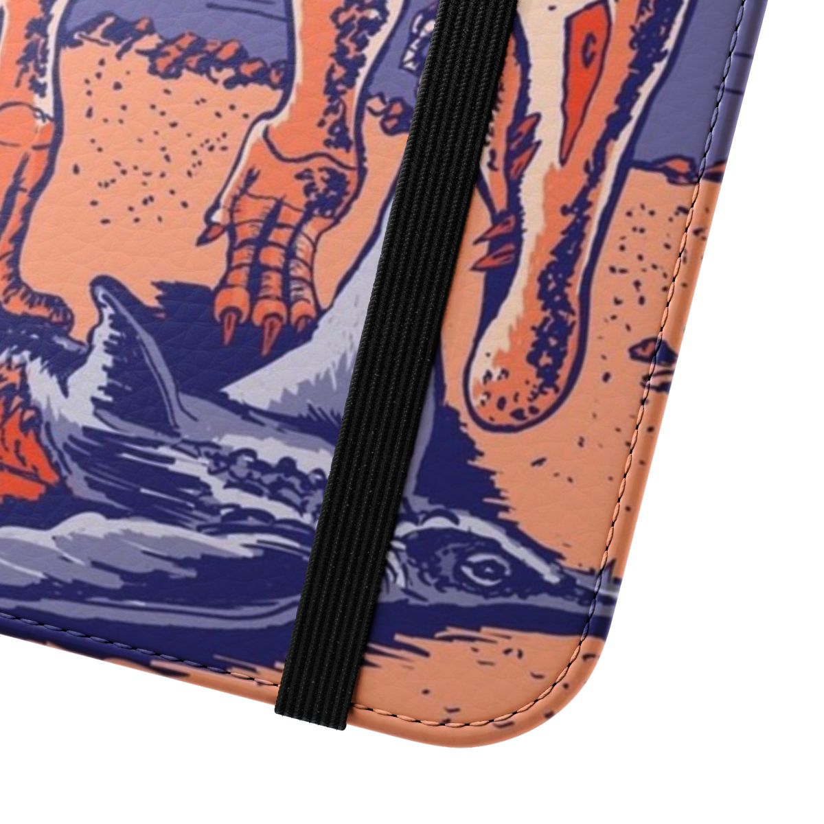 Illustration of a Spinosaurus, a prehistoric hunting dinosaur, on a phone case cover. - Close Up