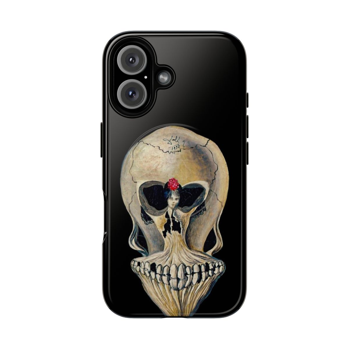 Artistic phone case featuring a surreal ballerina silhouette and a skull or skeleton design, inspired by the work of Salvador Dali.