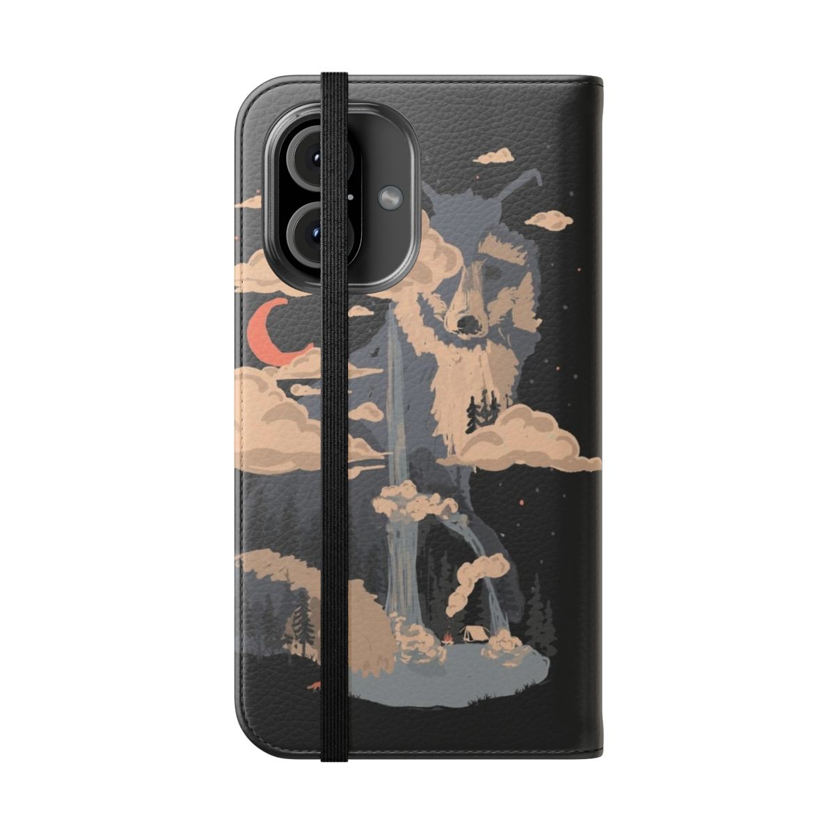 A flip cover phone case showcasing a breathtaking landscape of Fox Mountain with a waterfall, pond, and wildlife. - Folded Front