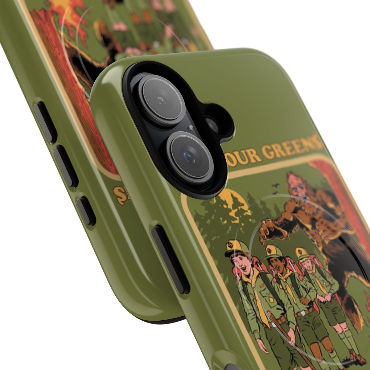 Retro-style phone case featuring a magnetic, tough design with green nature-inspired graphics - Detail