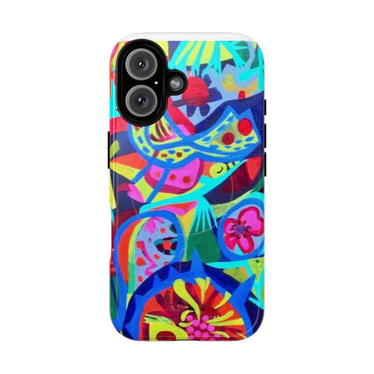 Vibrant magnetic phone case with a colorful floral and bird design