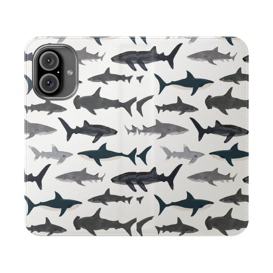 Colorful illustration of a shark on a phone case.